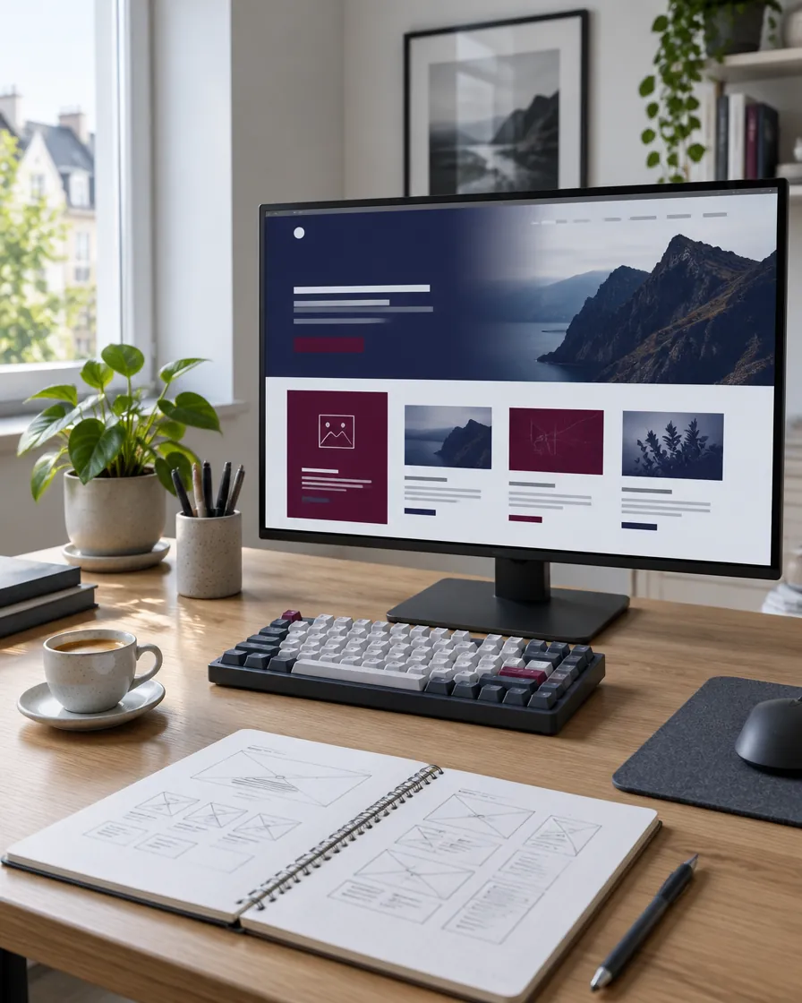 Arbeitsplatz von Capomenia Webdesign mit Monitor, Tastatur und Skizzenbuch